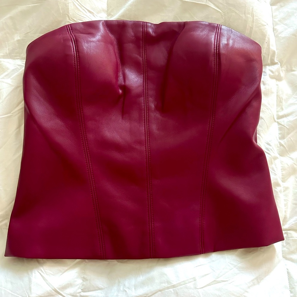 BCBGMaxAzria Strapless Faux-Leather Bustier in Burgundy
